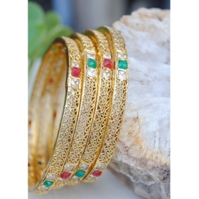 Delicate Gold Filigree Ruby Emerald Bangles